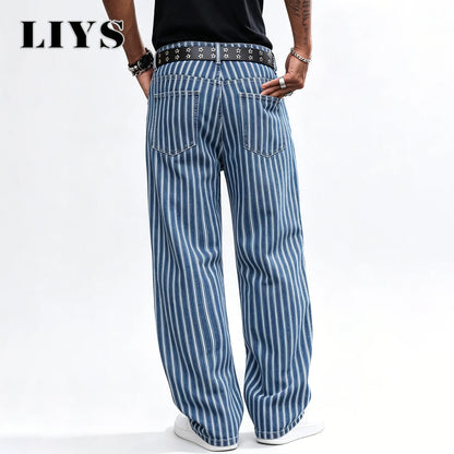 Men's Striped Jacquard Baggy Straight Leg Jeans – Blue & White
