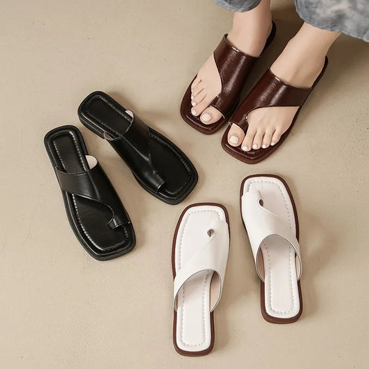 Women's Flat Clip Toe Sandal Slides – Square Toe Summer Slippers