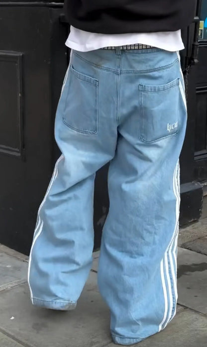 Y2K Baggy Wide-Leg Jeans with Side Stripe – Harajuku Streetwear