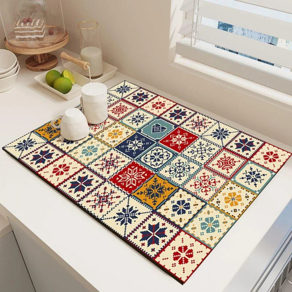 Dish Drying Mat – Boho Vintage Tile Absorbent Non-Slip Kitchen Mat