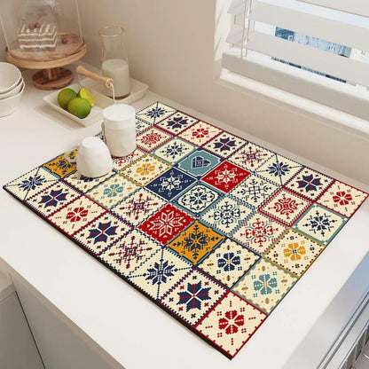 Dish Drying Mat – Boho Vintage Tile Absorbent Non-Slip Kitchen Mat