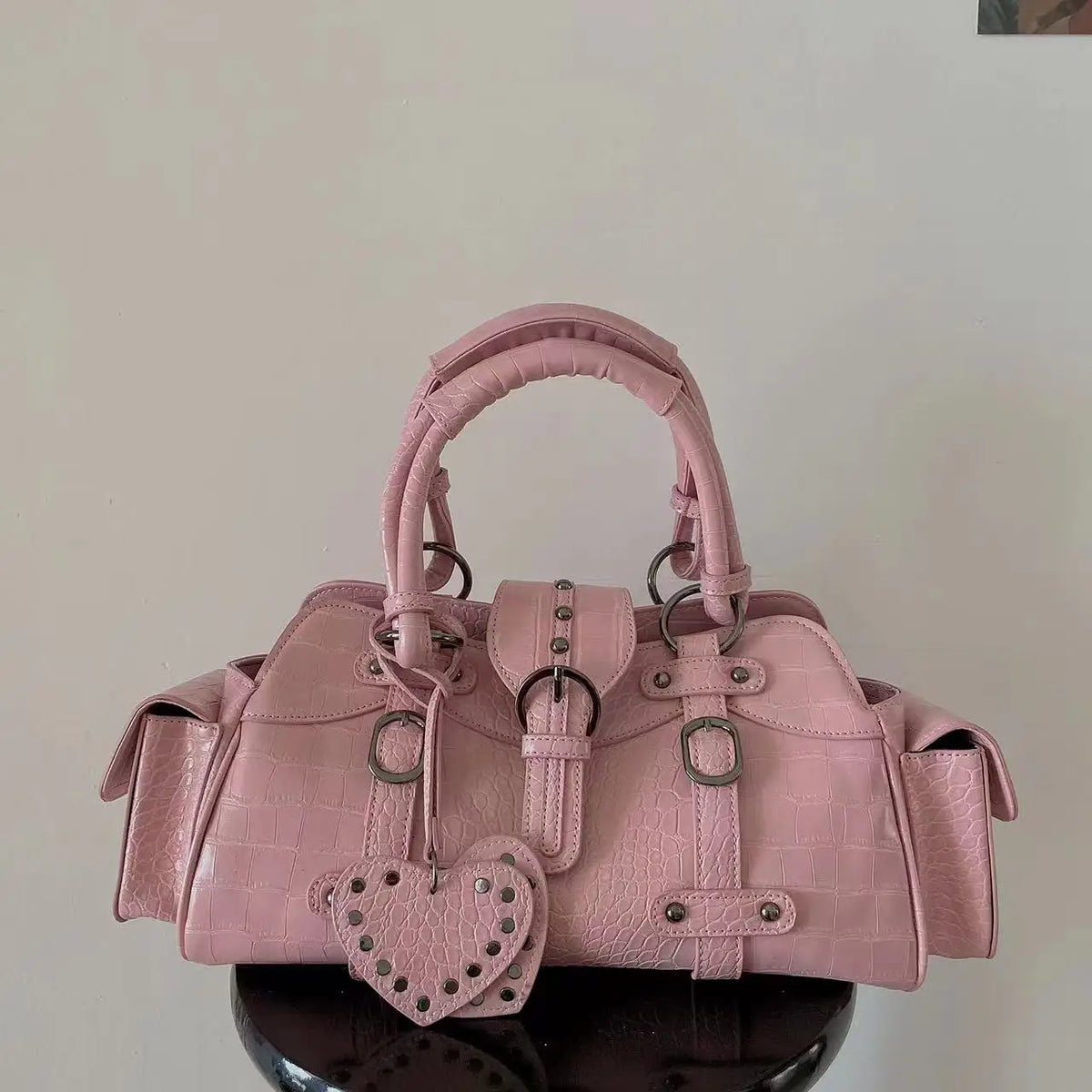 Vintage Pink Y2k Grunge Rivet Handle Crocodile Luxury Designer Bag