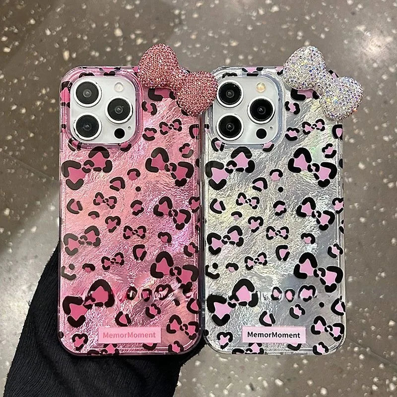 Diamond Bow Leopard Print Phone Case with Glitter Lining