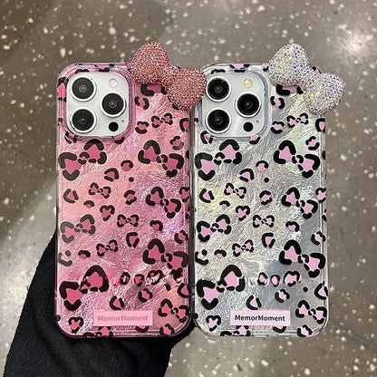Diamond Bow Leopard Print Phone Case with Glitter Lining