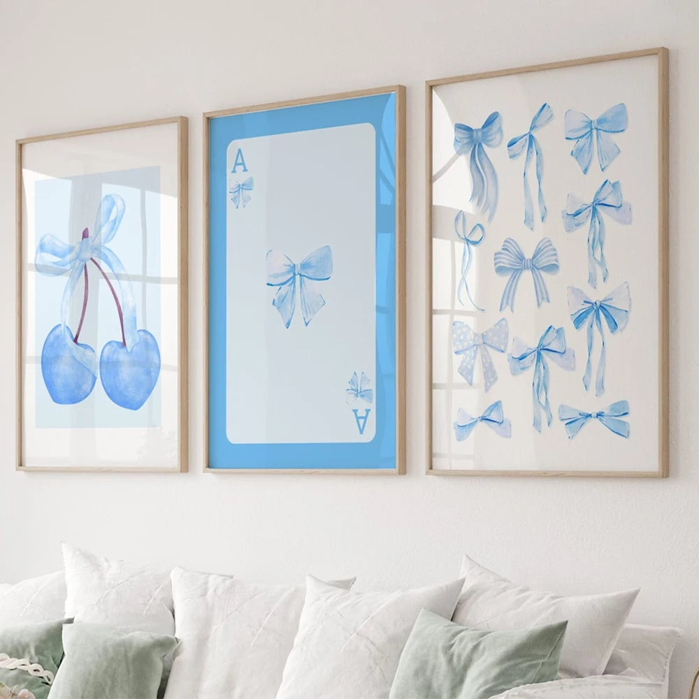 Pink Bow Wall Art Poster Set – Watercolor Cherry & Ace Card Prints