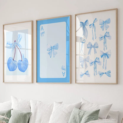 Pink Bow Wall Art Poster Set – Watercolor Cherry & Ace Card Prints