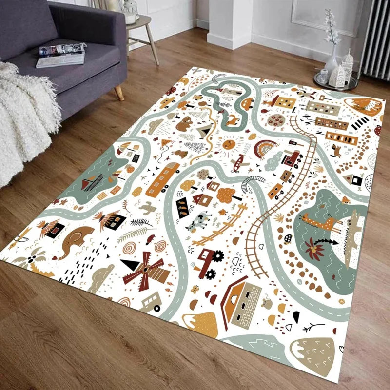 Kids City Map Play Rug – Non-Slip Children's Playroom Carpet