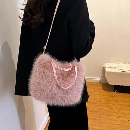 Faux Fur Tote Bag Women's Bucket Plush Luxury Design Ladies Handbags