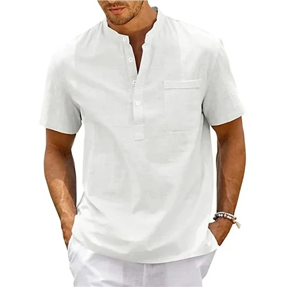 Men's Cotton Linen Henley Shirt – Short Sleeve Beach Top with Pocket