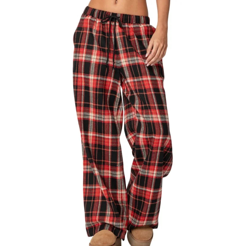 Women's Plaid Baggy Pants Elastic Waist Drawstring Lounge Trousers