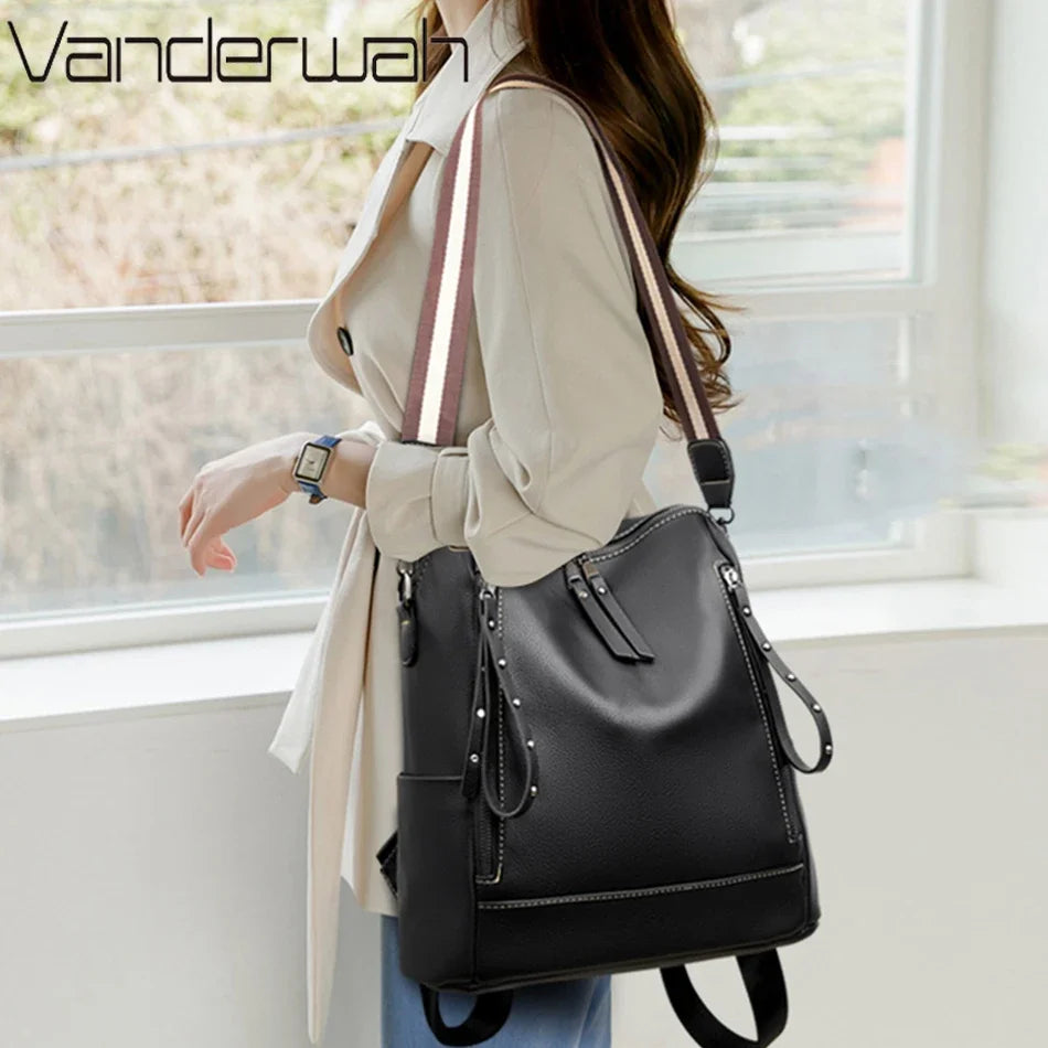 Soft Leather Women's Backpack – Waterproof Preppy Convertible Bag