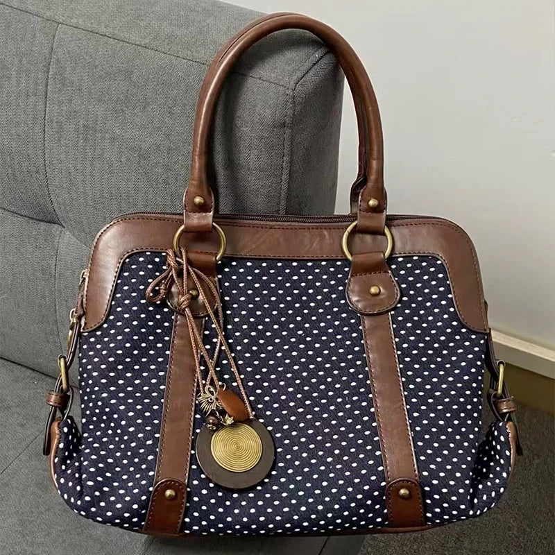 Vintage Polka Dot Tote Bag Women Preppy Style Large Capacity Handbag