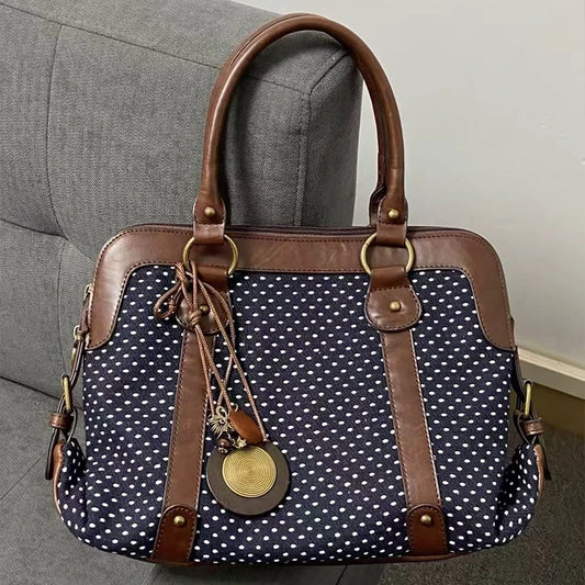 Vintage Polka Dot Tote Bag Women Preppy Style Large Capacity Handbag