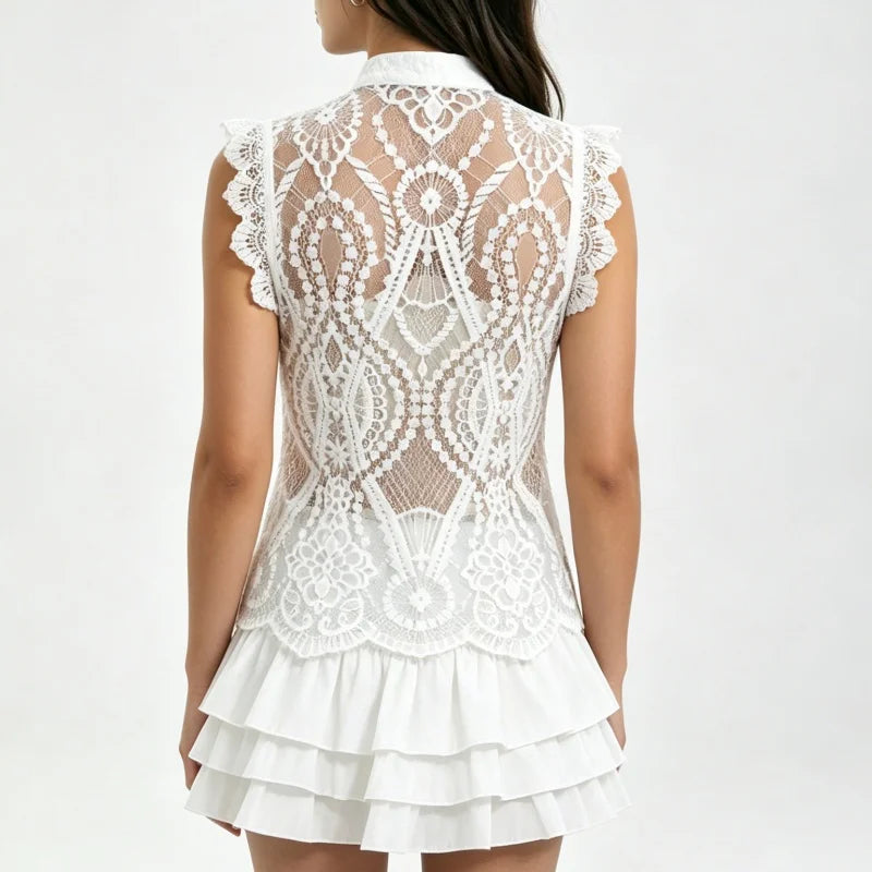 Floral Lace Tank Top Women – Mandarin Collar Frog Button Sleeveless