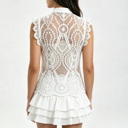 Floral Lace Tank Top Women – Mandarin Collar Frog Button Sleeveless
