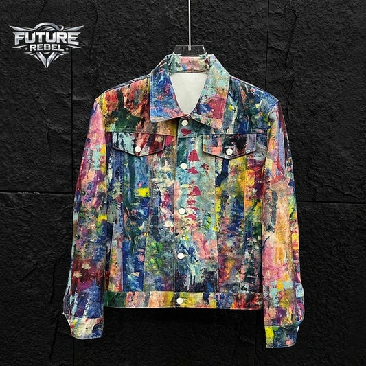 Graffiti Print Denim Jacket – Men's Y2K Streetwear Loose Fit