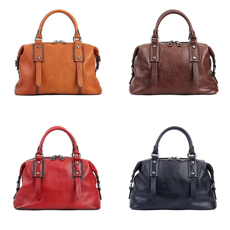 Genuine Leather Boston Bag – Women's Designer Shoulder Handbag with Wide Strap
