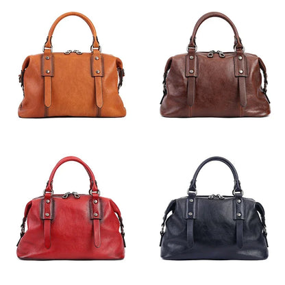 Genuine Leather Boston Bag – Women's Designer Shoulder Handbag with Wide Strap