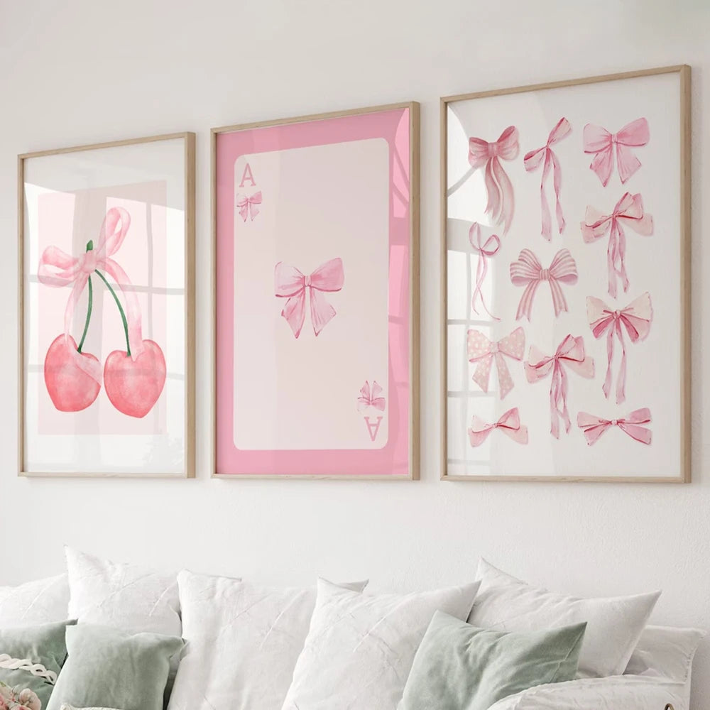 Pink Bow Wall Art Poster Set – Watercolor Cherry & Ace Card Prints