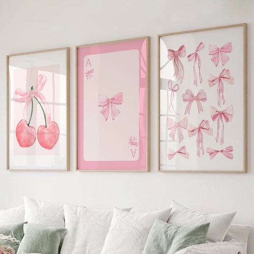 Pink Bow Wall Art Poster Set – Watercolor Cherry & Ace Card Prints