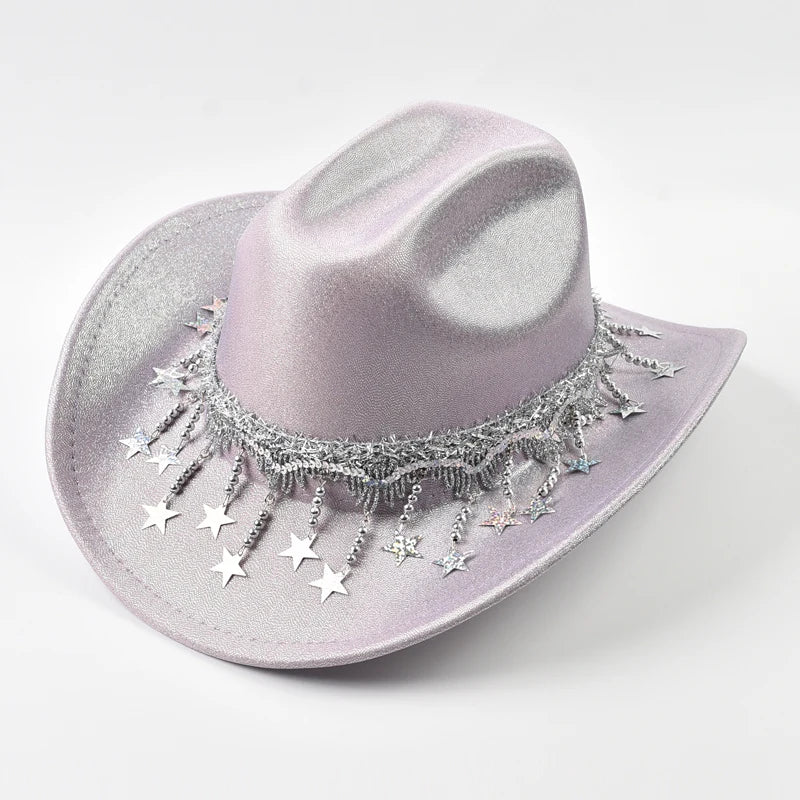 Sequin Cowgirl Hat with Rhinestone Star Fringe – Women's Festival & Party Hat