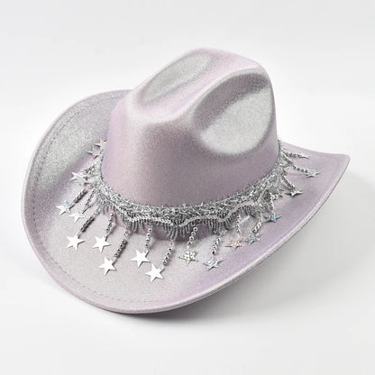 Sequin Cowgirl Hat with Rhinestone Star Fringe – Women's Festival & Party Hat