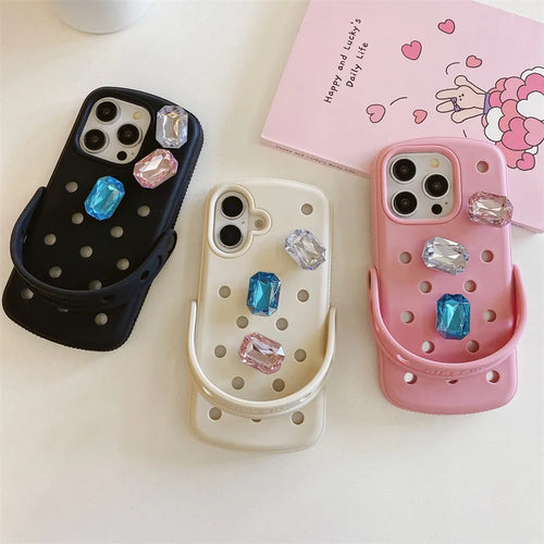 Crystal Charm Croc-Style iPhone Case – iPhone 16 / 15 / 14 / 13 / 12 / 11