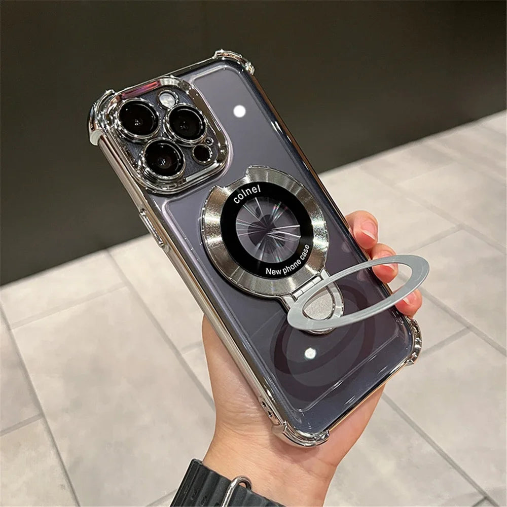 MagSafe Clear iPhone Case – Luxury Metal Plating Shockproof Magnetic Bracket