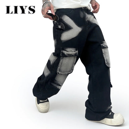 Tie-Dye Wide Leg Cargo Jeans – Men's Streetwear Hip Hop Pants