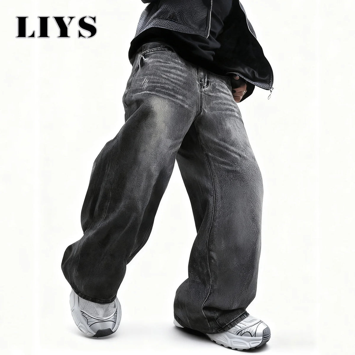 Baggy Wide-Leg Jeans Dark Gray – LIYS Unisex Retro Oversized Denim