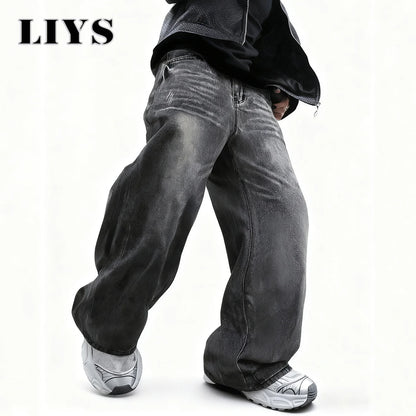 Baggy Wide-Leg Jeans Dark Gray – LIYS Unisex Retro Oversized Denim