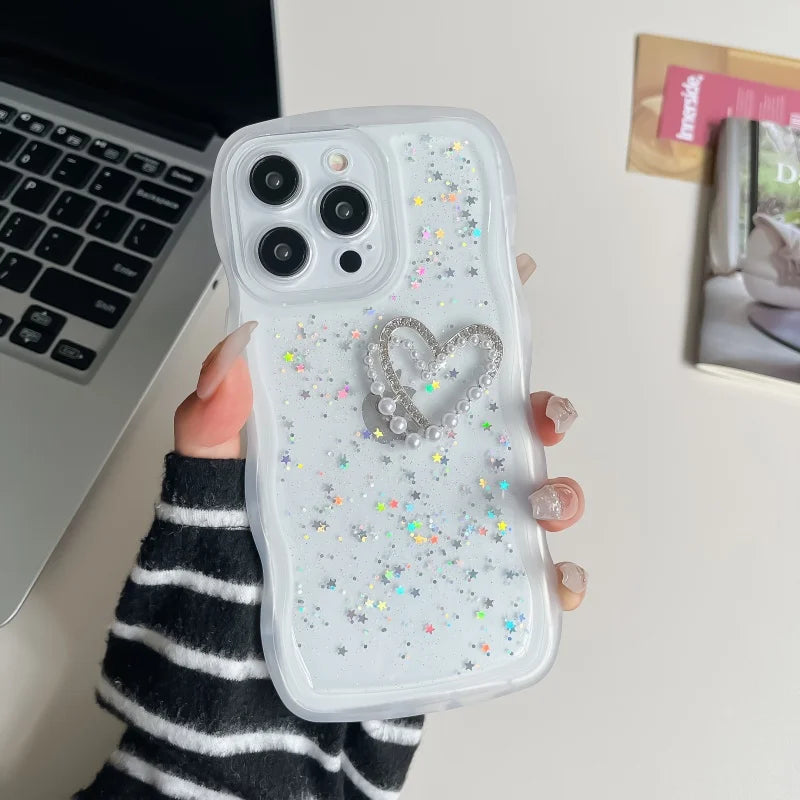Pearl Heart Glitter Clear iPhone Case – Wavy Edge Shockproof Cover