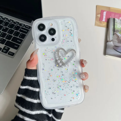 Pearl Heart Glitter Clear iPhone Case – Wavy Edge Shockproof Cover