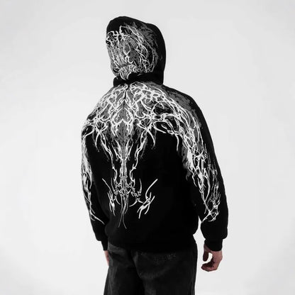 Dark Graphic Hoodie – Luminous Magic Sword Print Streetwear