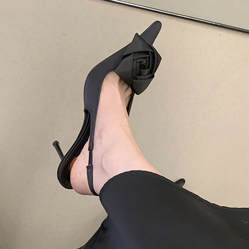 Rose Flower Pointed Toe Slingback Stiletto Pumps for Women