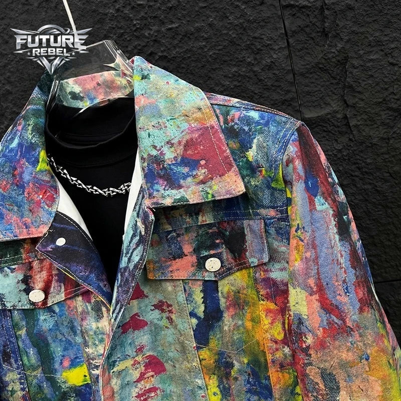 Graffiti Print Denim Jacket – Men's Y2K Streetwear Loose Fit