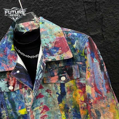 Graffiti Print Denim Jacket – Men's Y2K Streetwear Loose Fit