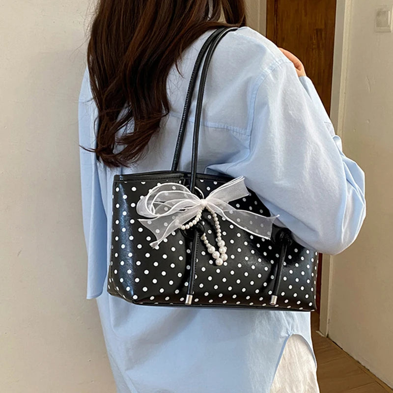 Korean Style Polka Dot For Women Elegant Underarm Bag With Pearl Bow