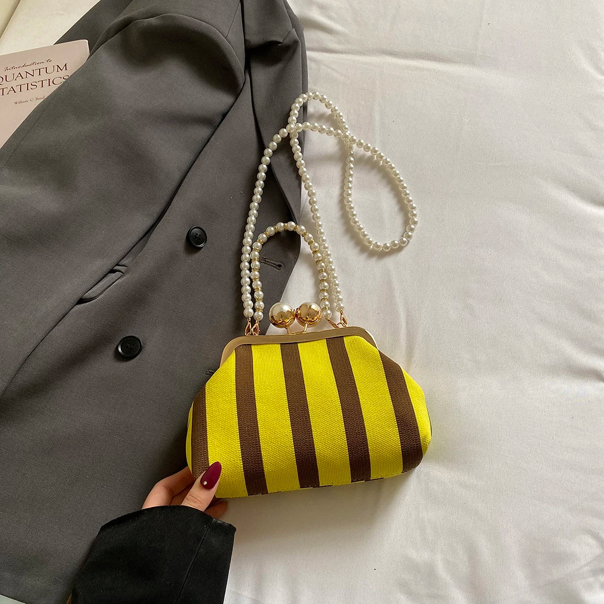 Pearl Chain Kisslock Handbag – Striped Fabric Evening Bag