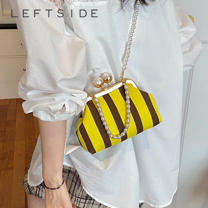 Pearl Chain Kisslock Handbag – Striped Fabric Evening Bag