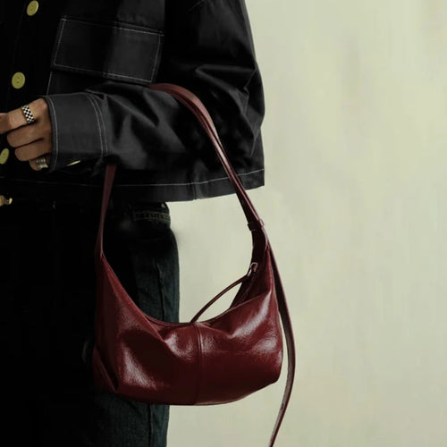 Burgundy Genuine Cowhide Leather Underarm Bag