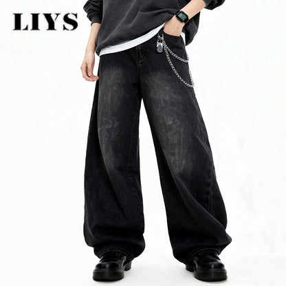 Men S Black Skull Finger Print Baggy Wide Leg Jeans Spring Summer Loose Straight Denim Pants Women