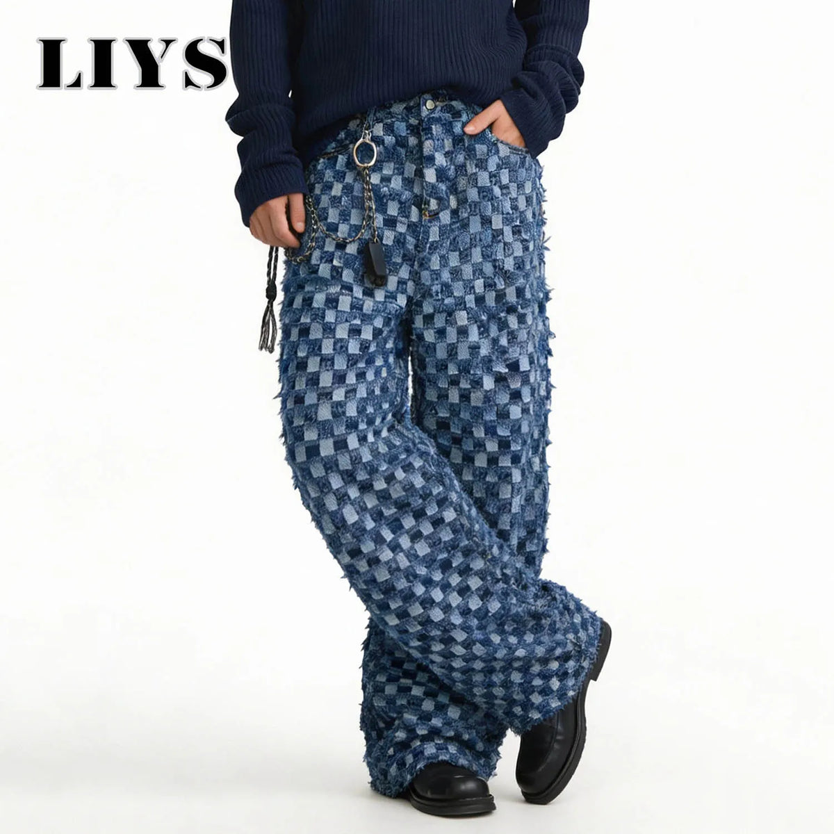 Checkerboard Jacquard Baggy Wide Leg Jeans – Korean Style