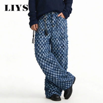 Checkerboard Jacquard Baggy Wide Leg Jeans – Korean Style
