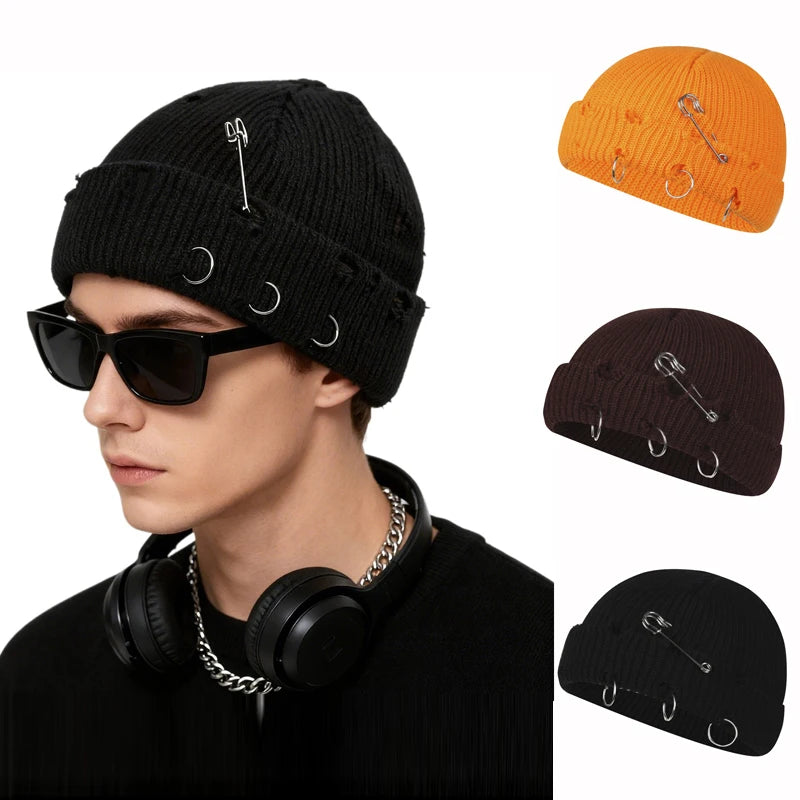 Gothic Punk Knitted Beanie – Y2K Unisex Skull Cap with Pins