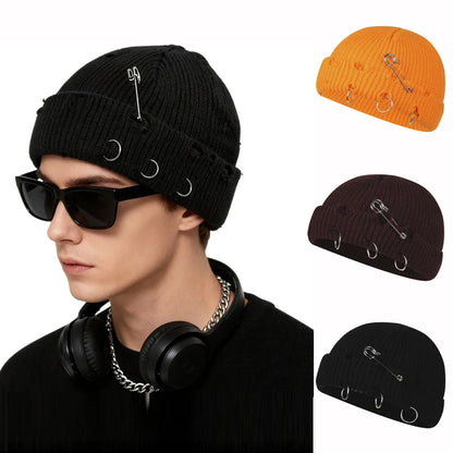 Gothic Punk Knitted Beanie – Y2K Unisex Skull Cap with Pins