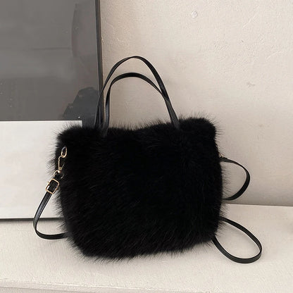 Faux Fur Tote Bag Women's Bucket Plush Luxury Design Ladies Handbags