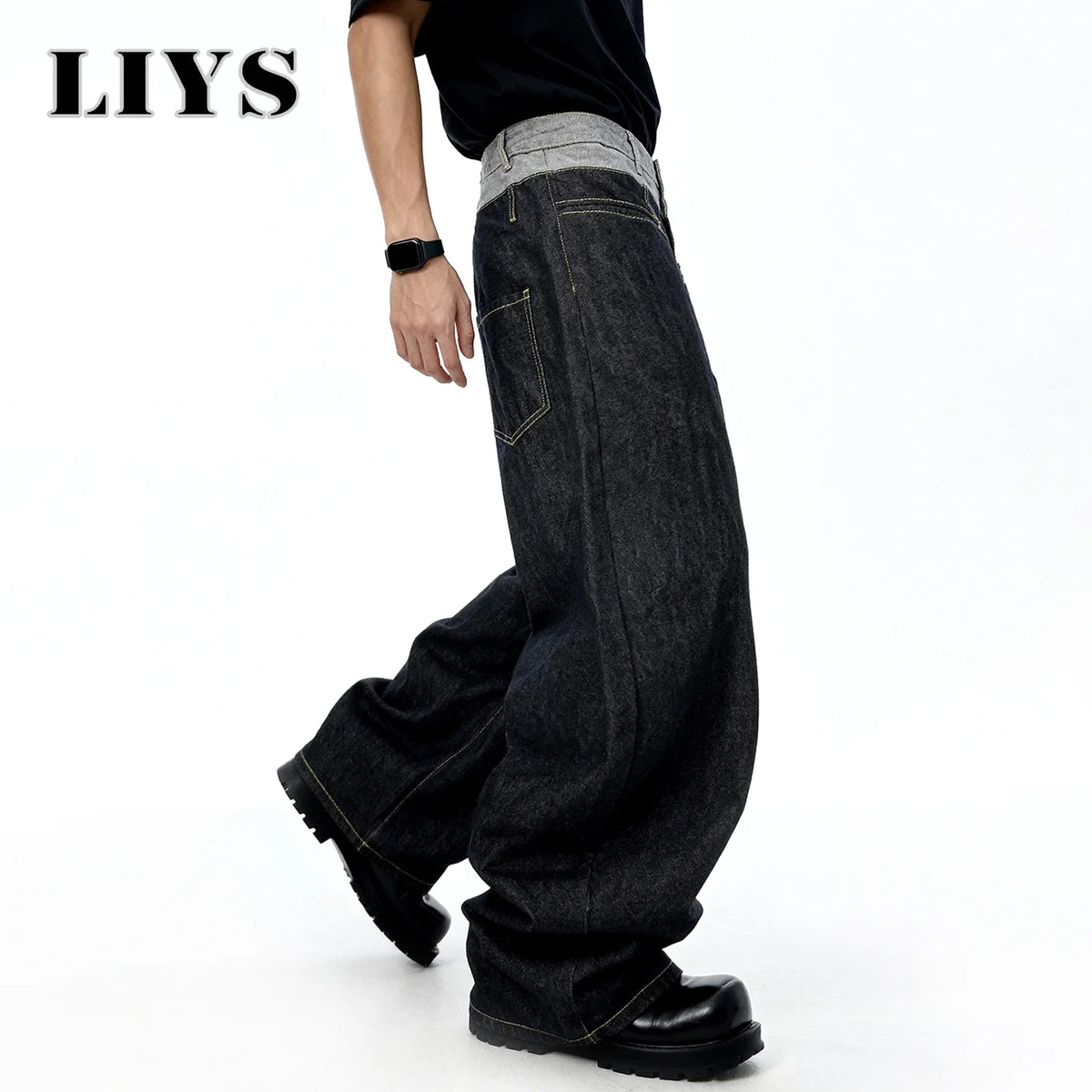 Liys Men S Retro Double Waist Design Baggy Wide Leg Jeans Street Denim Pants Gothic Loose Machete