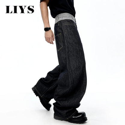 Liys Men S Retro Double Waist Design Baggy Wide Leg Jeans Street Denim Pants Gothic Loose Machete