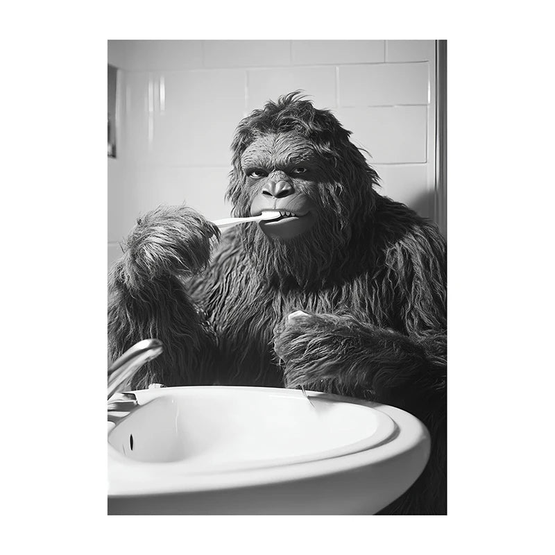 Funny Animal Bathroom Wall Art Poster – Black & White Vintage Print